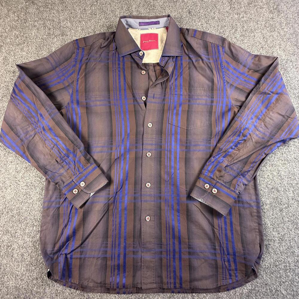 Tommy Bahama‎ Mens Long Sleeve Button Up Shirt Brown Blue Plaid Large 1701